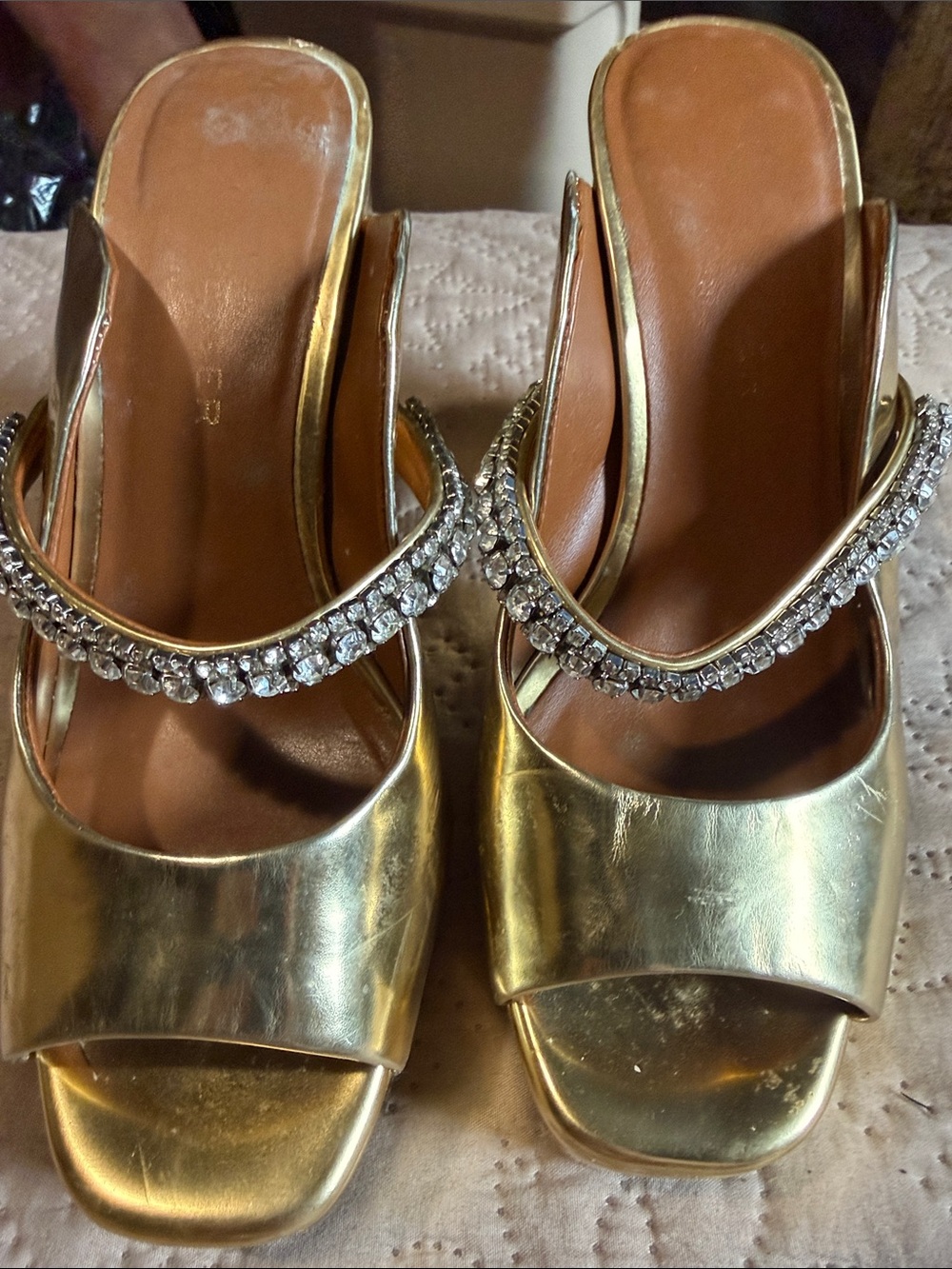 Kurt Geiger Gold Rhinestone Double-Strap Slide Mules